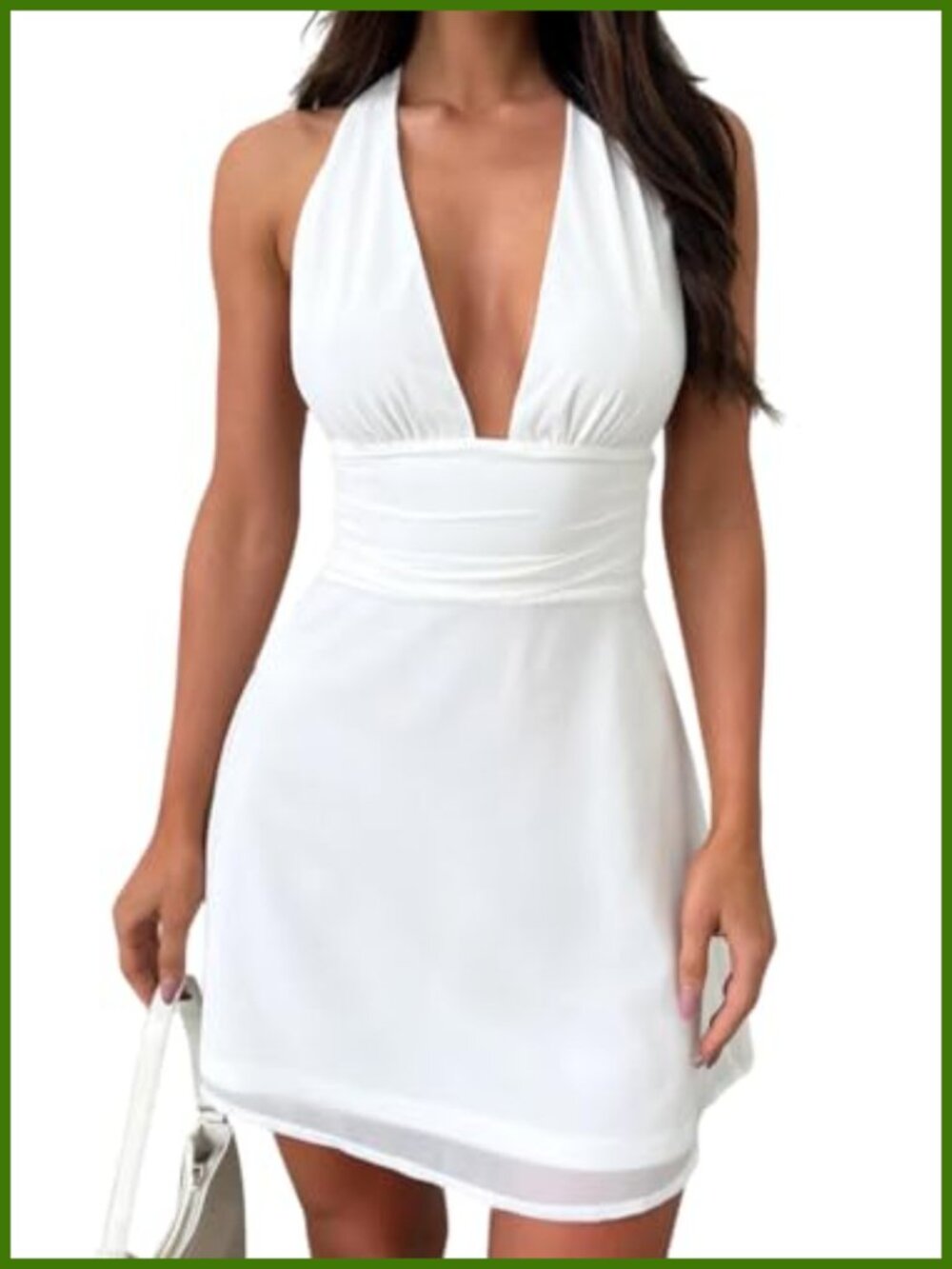 Halter V Neck Flowy Backless Mini Dress - Sleeveless Polyester Spandex